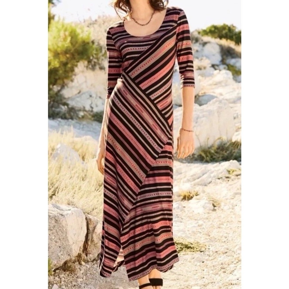 Peruvian Connection Altiplano Stripe Dress Black Rose Andean Jersey Maxi Medium